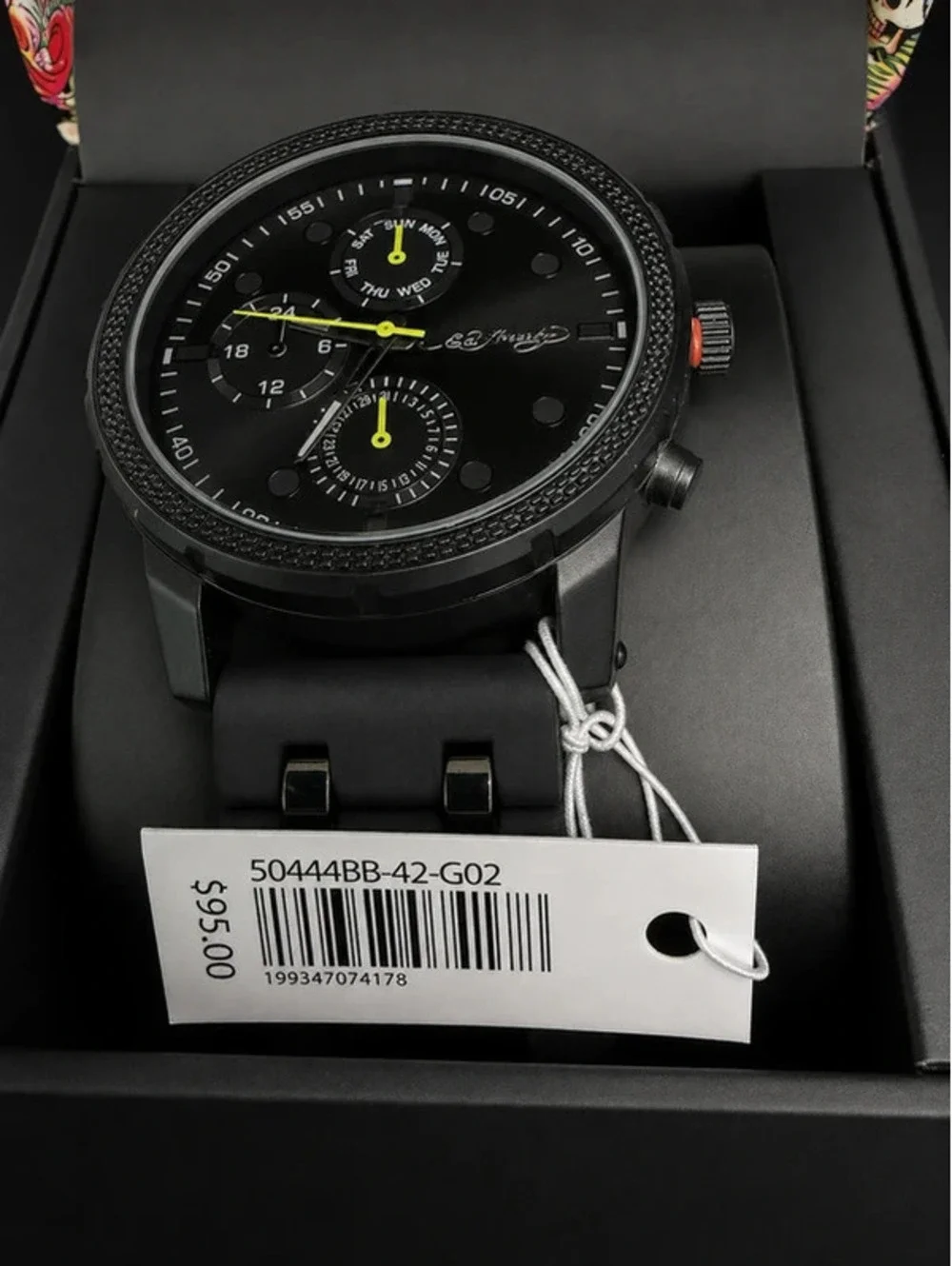 #703 Ed Hardy Black Chronograph-Style Watch with Original Box & Tags